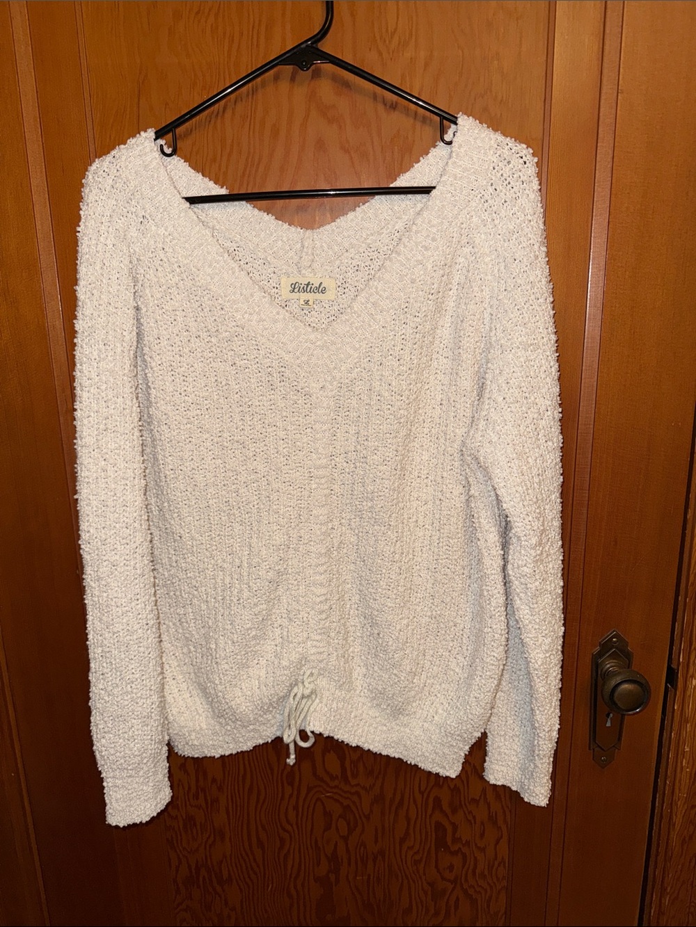 Listicle Cream V-Neck Textured Drawstring Sweater
